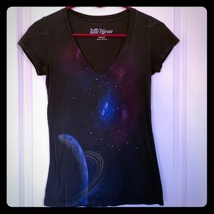 Charcoal gray T-shirt, galaxy/solar system print